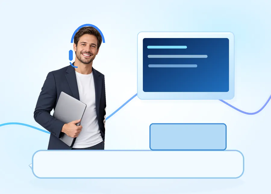 A consultant with a headset and a tablet, ready to help