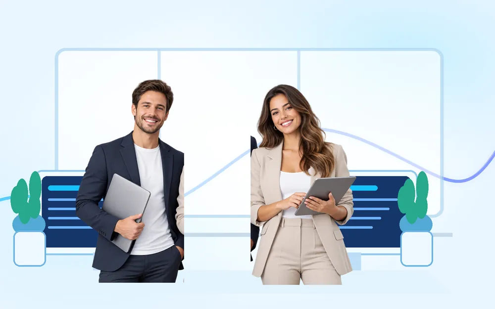 Two smiling colleagues with a laptop and a tablet in a bright office