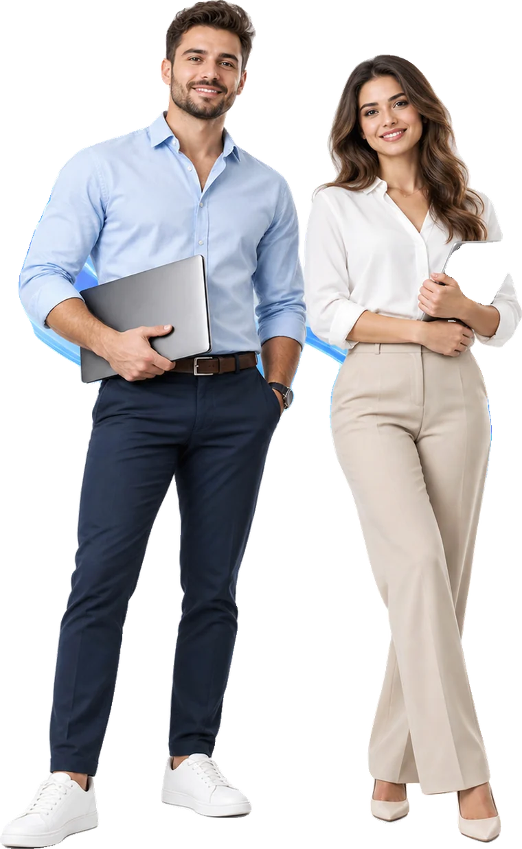 Two smiling colleagues with a laptop and a tablet
