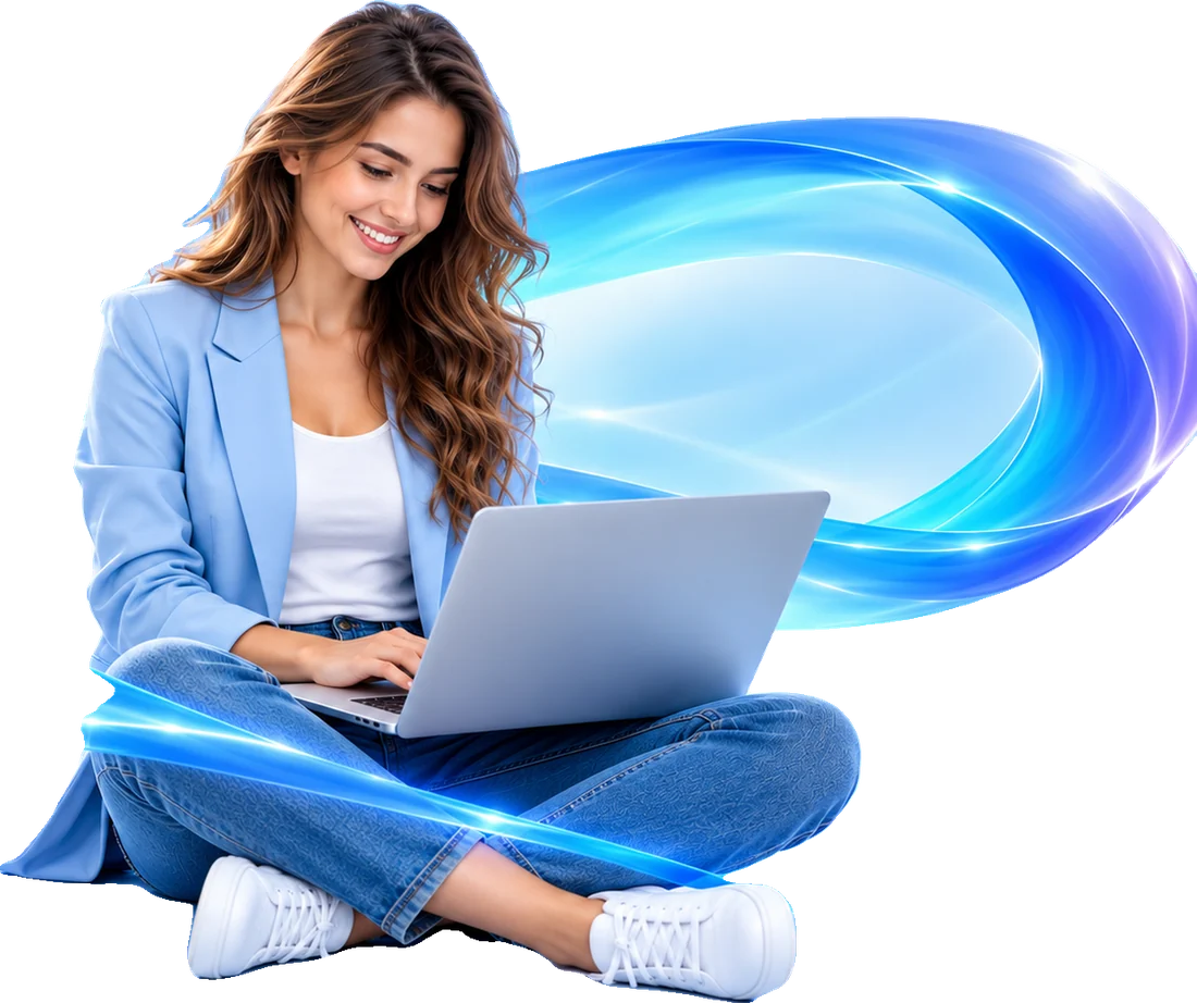 A woman working on a laptop, surrounded by a ribbon of blue light