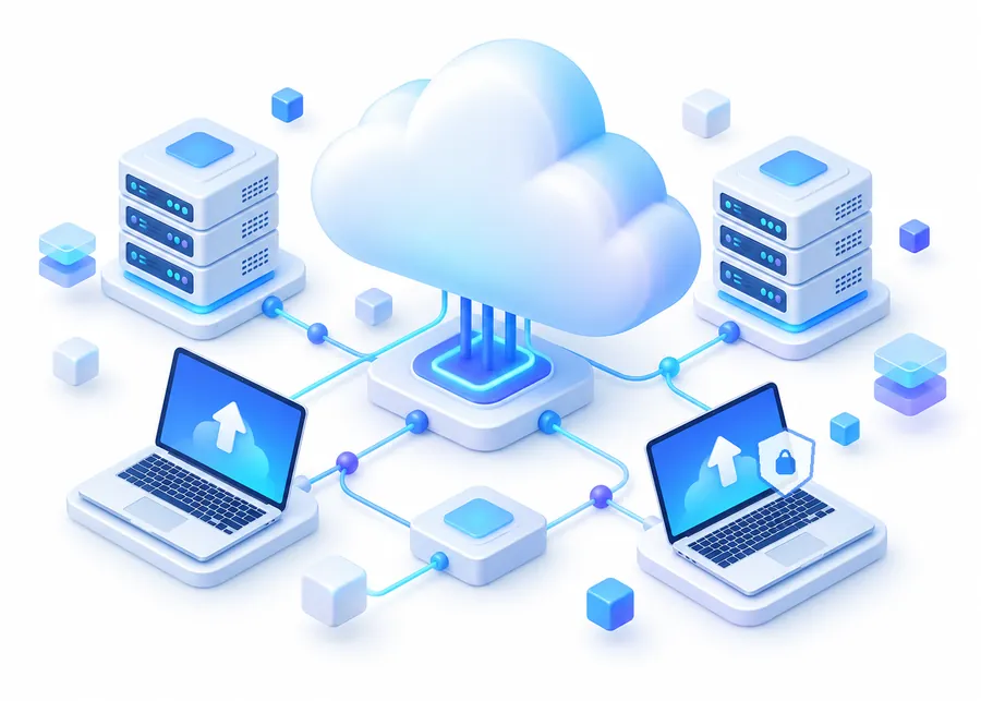 Illustration: servers and computers connected to the cloud