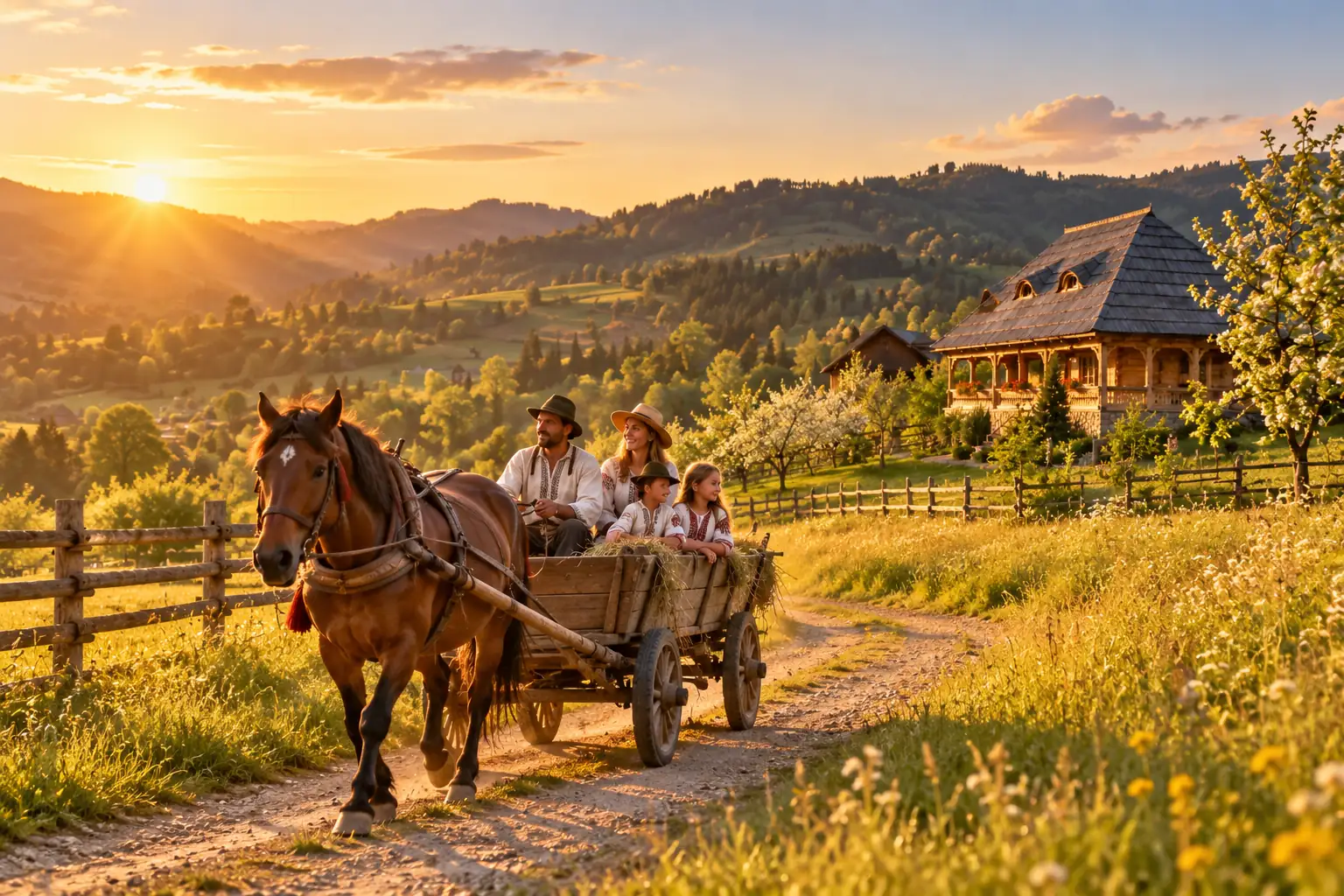 A horse-drawn cart ride at sunset, on the lane between hay meadows