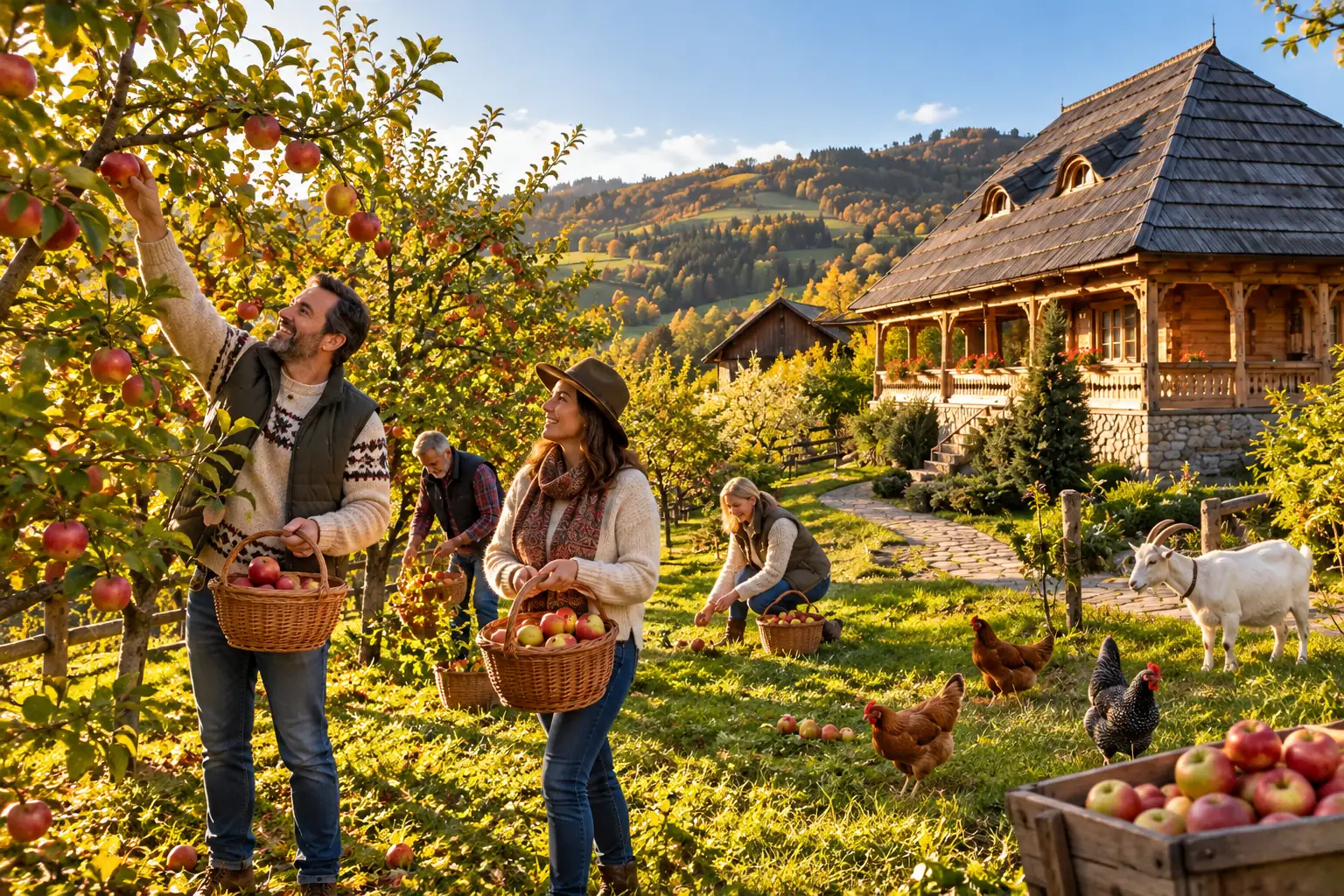 Guests picking apples in the orchard, among the hens