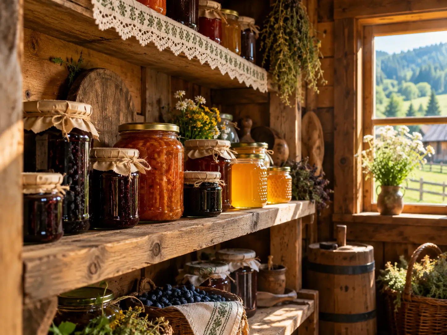 The pantry with jars of jam, vegetable relish and pickles, by the window