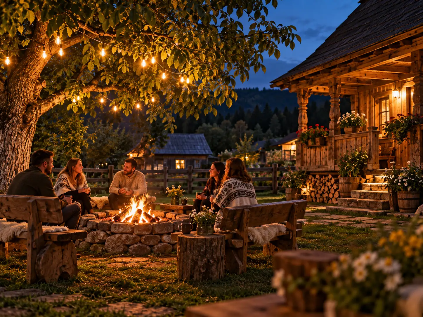 Guests by the fire in the yard in the evening, under string lights in the tree