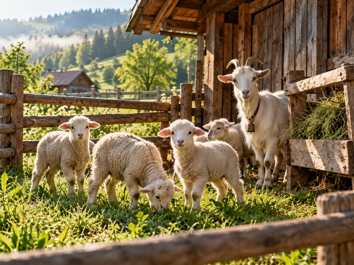 Lambs and goats in the pen next to the barn