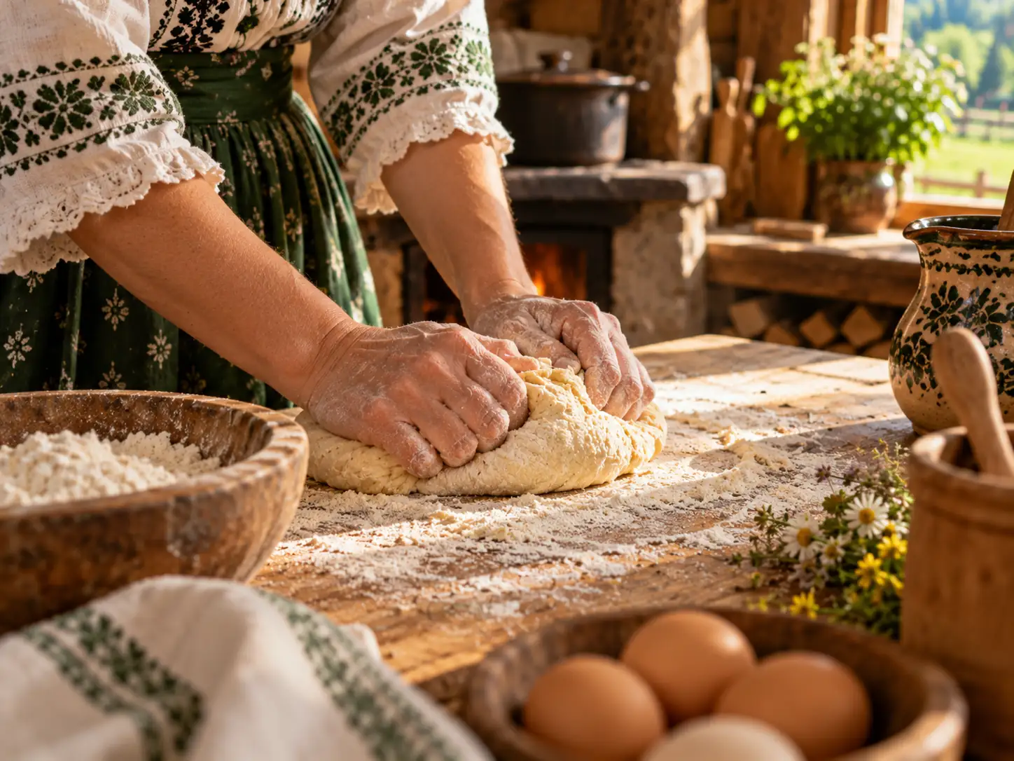 The host kneading dough on the wooden table, next to a basket of eggs