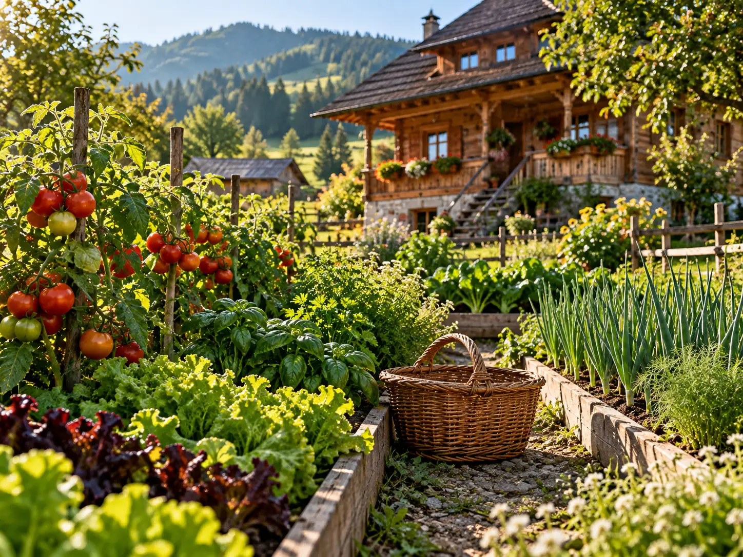The vegetable garden with raised beds and a wicker basket