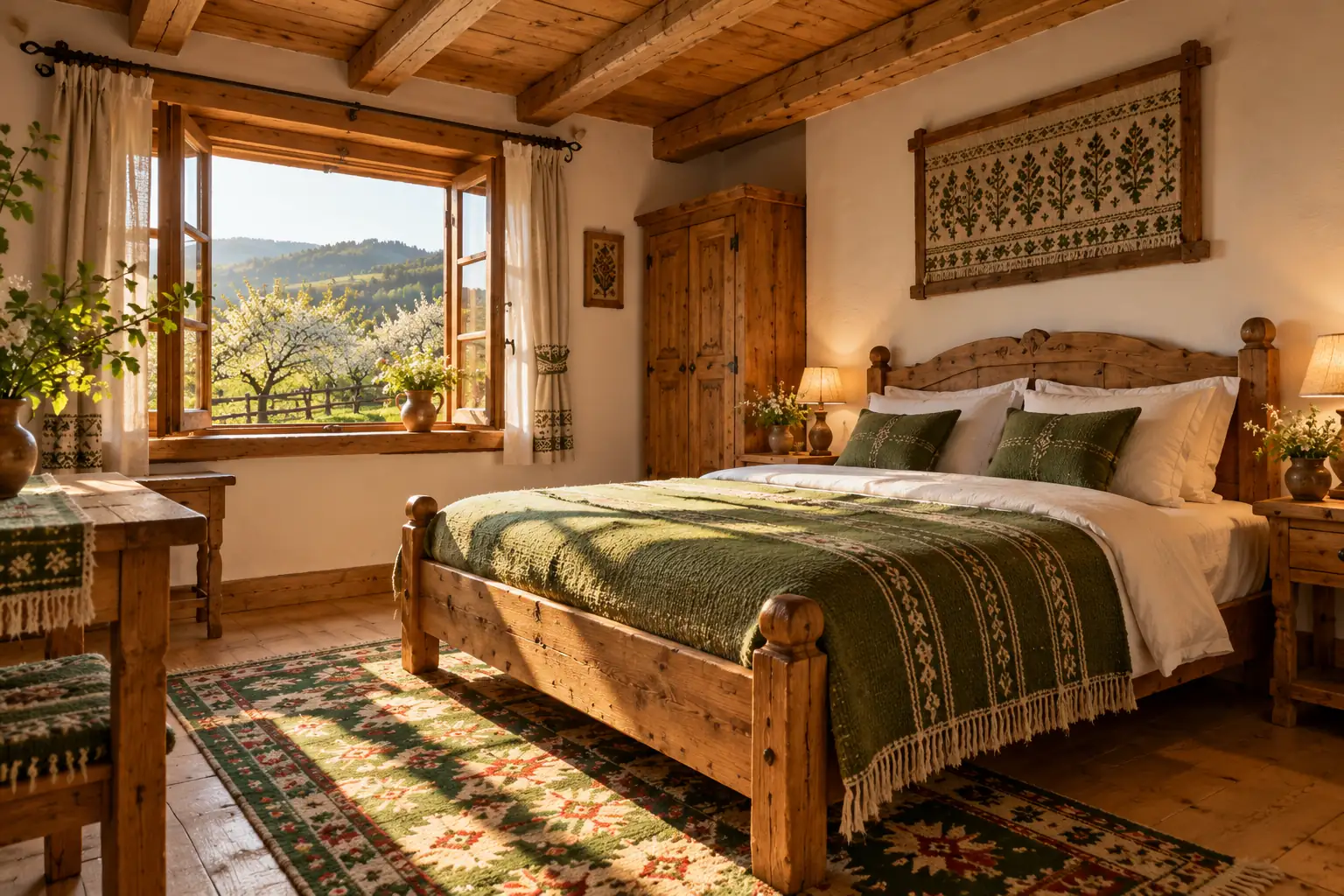 The double room, with a wooden bed, a traditional rug and a window onto the orchard
