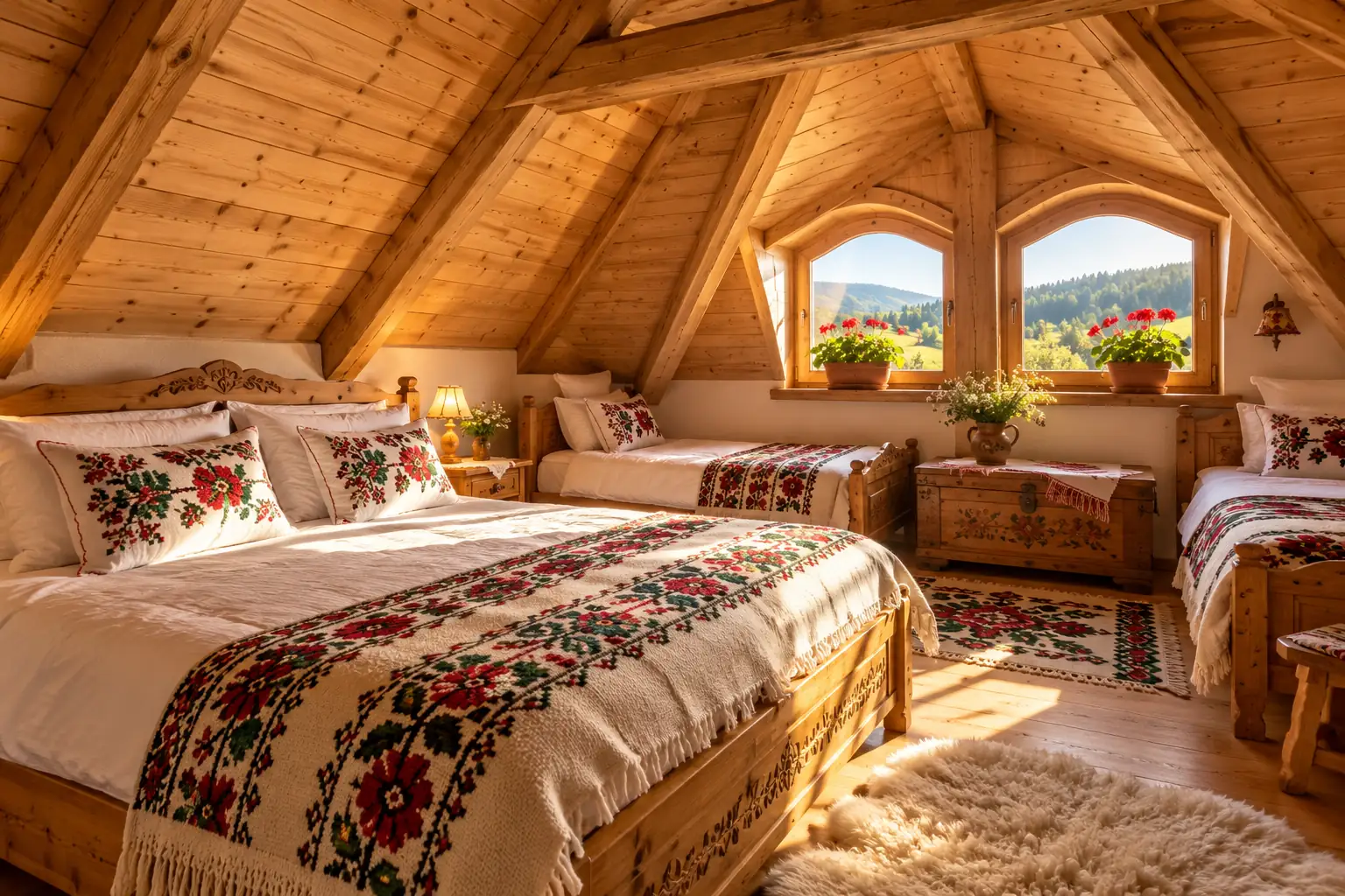 The attic family room, with timber beams and beds with embroidered covers