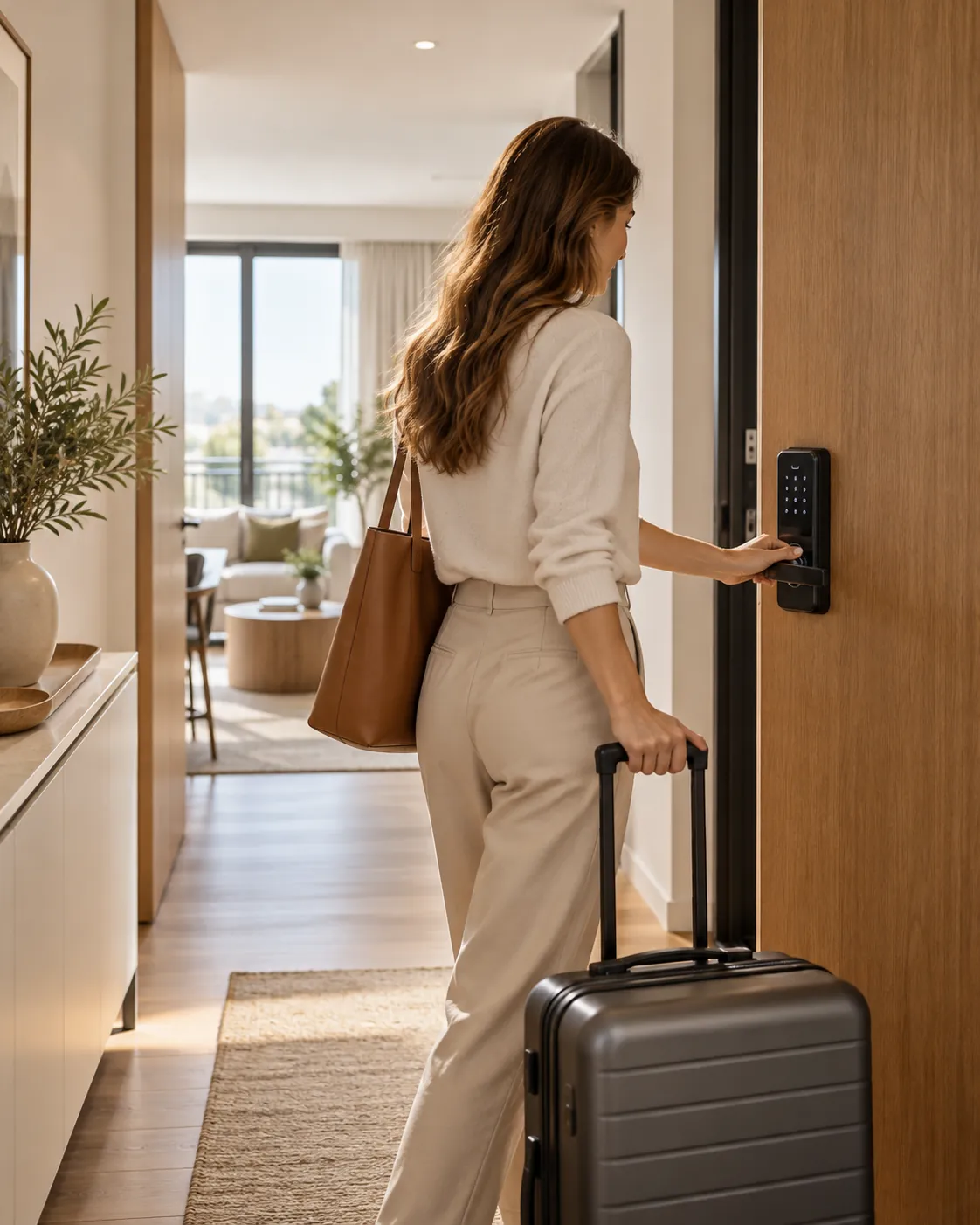 Oaspete cu bagaj care deschide ușa apartamentului de la yala inteligentă