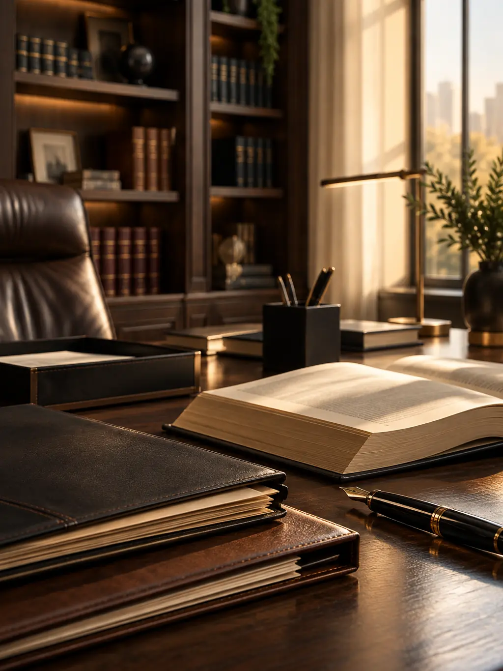 Desk with files, a pen and an open law book