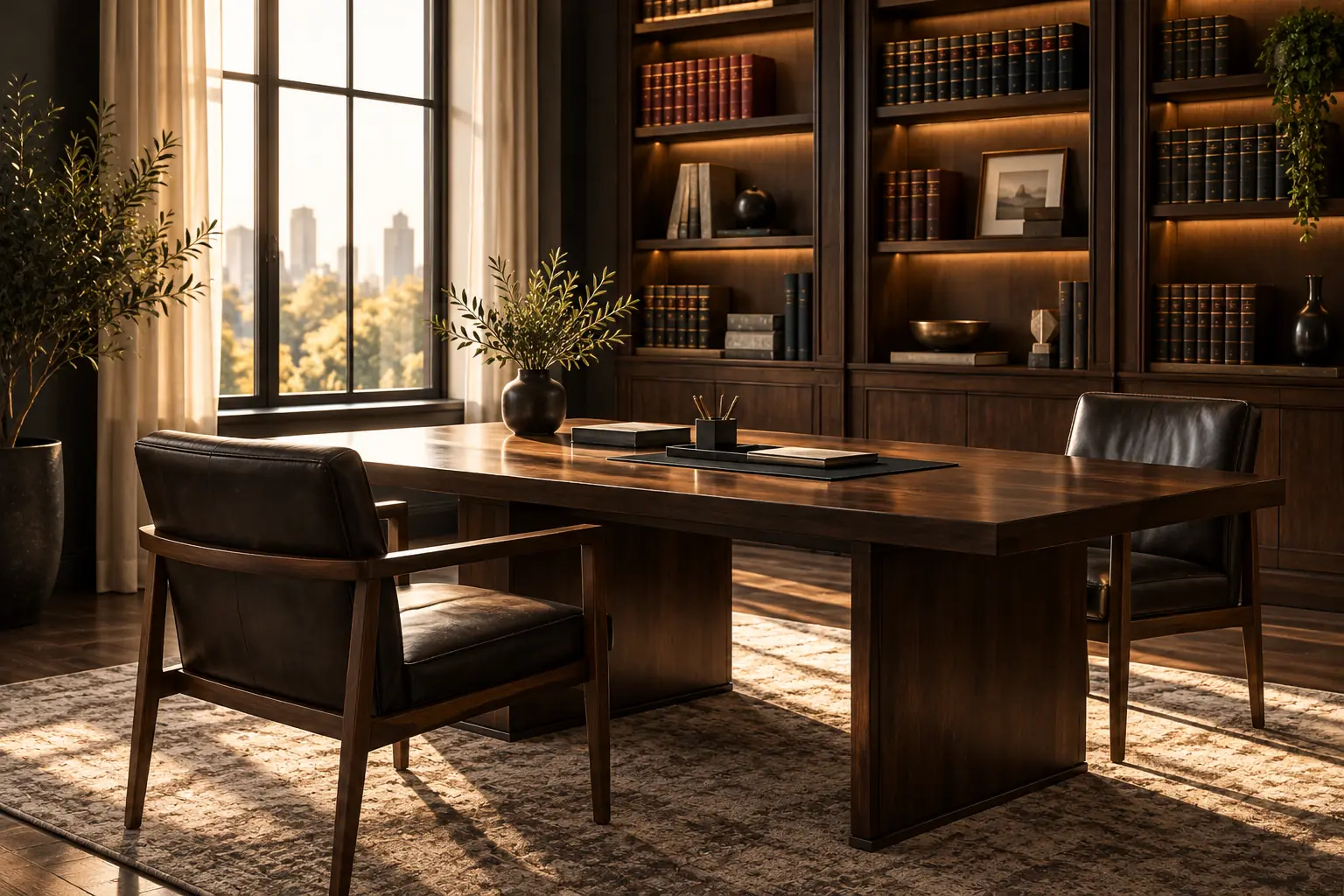 Consultation room with a wooden table and leather chairs