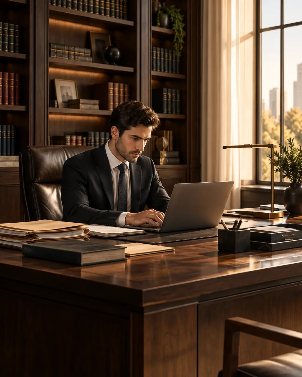 Lawyer working on a laptop at the desk