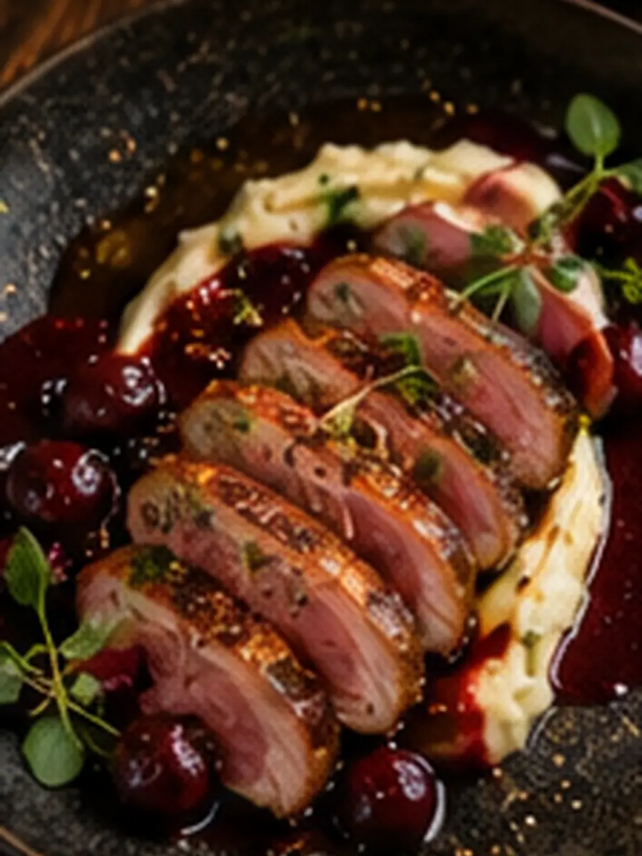 Sliced duck breast with celeriac purée and sour cherry sauce