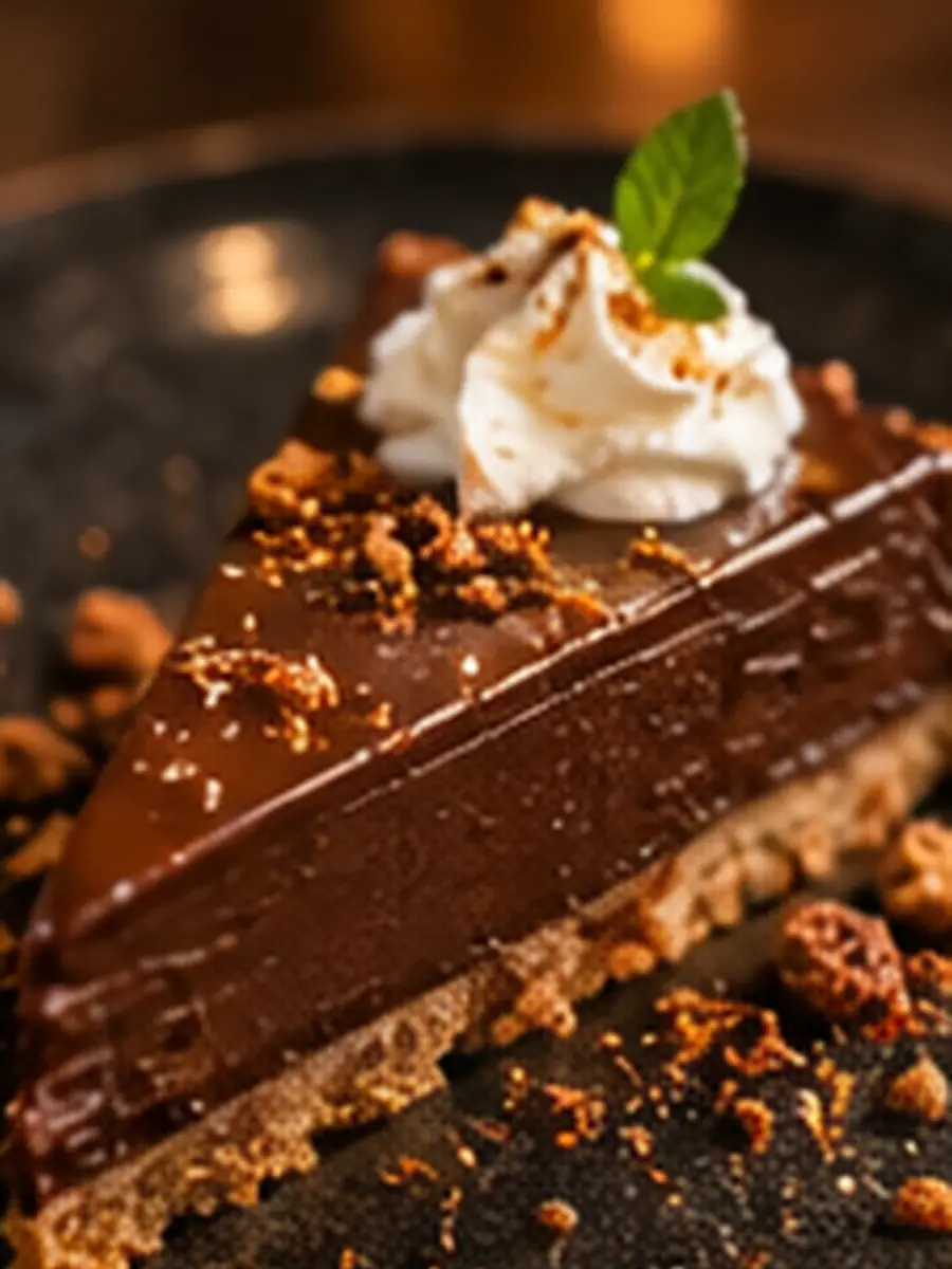 Slice of chocolate and caramel tart with whipped cream