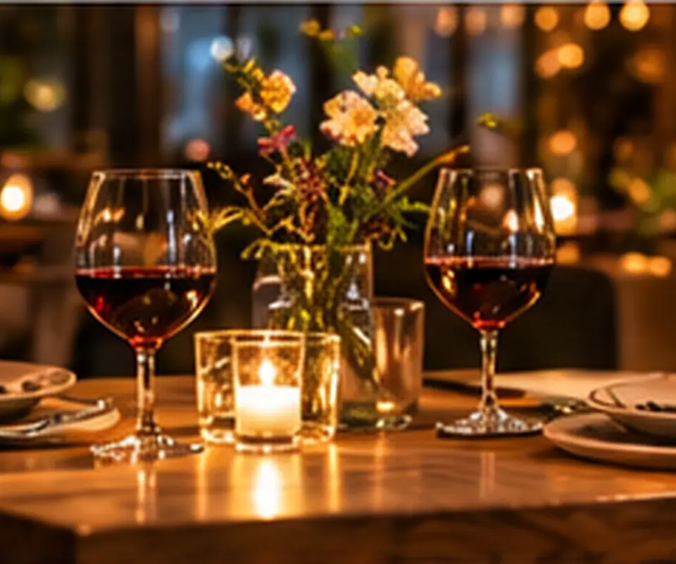 Table for two with red wine, flowers and a candle