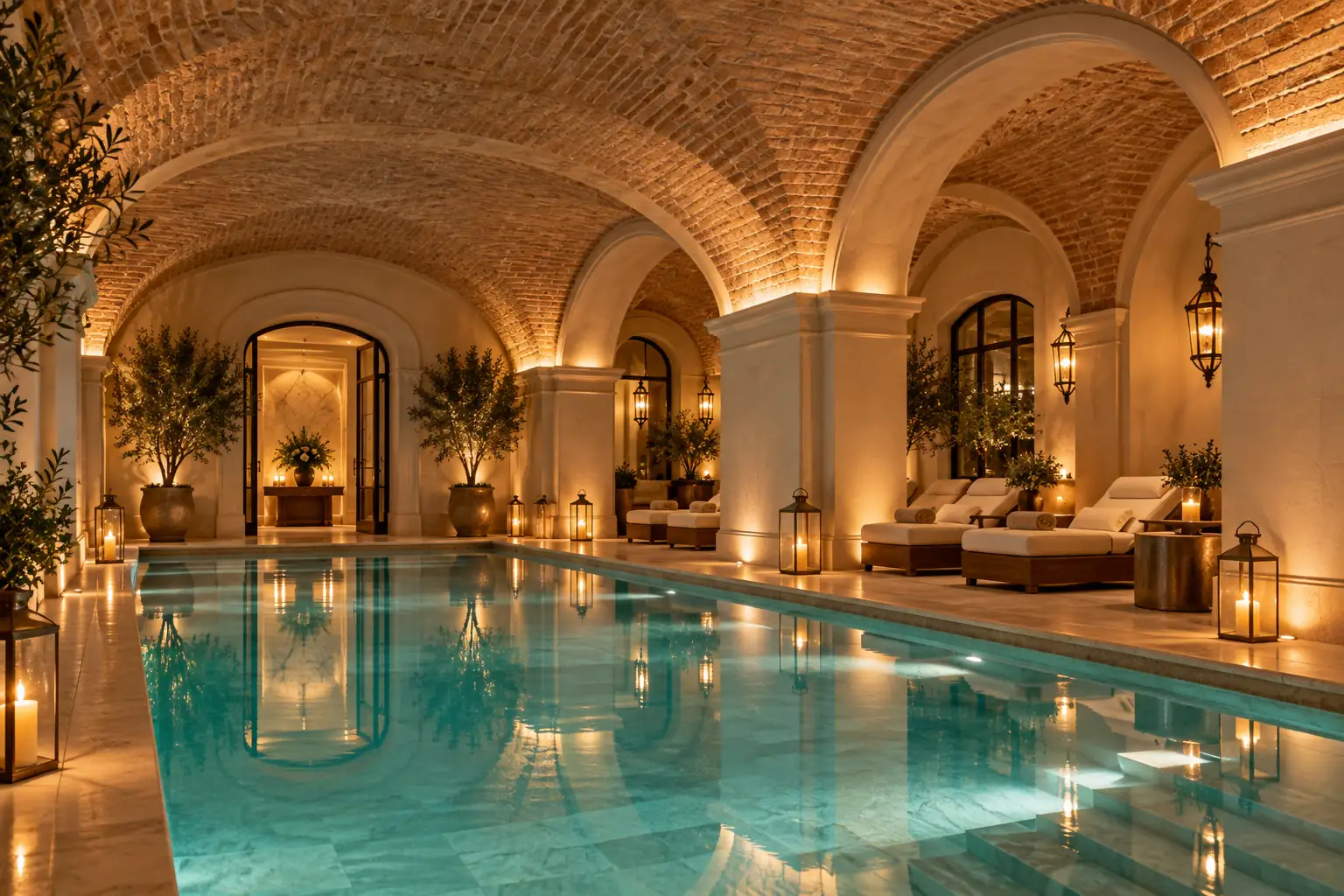 Piscina din pivnița boltită, luminată cald
