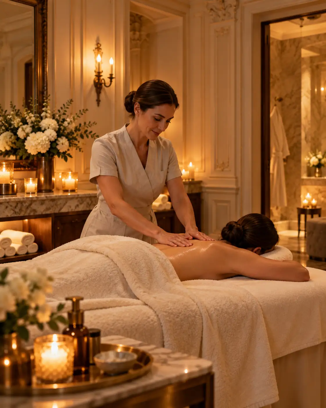 Masaj de relaxare, într-un salon cu lumânări și flori albe