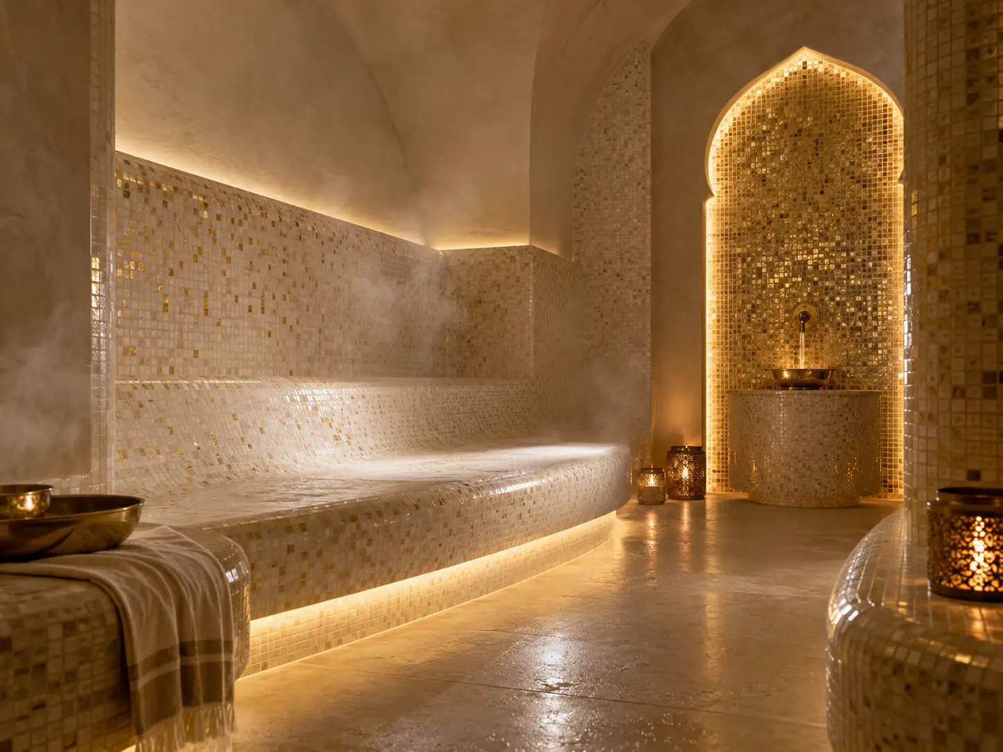 Hammamul cu mozaic auriu și lumină caldă