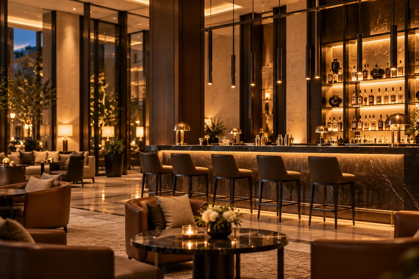Lobby barul seara, cu fotolii și lumină caldă