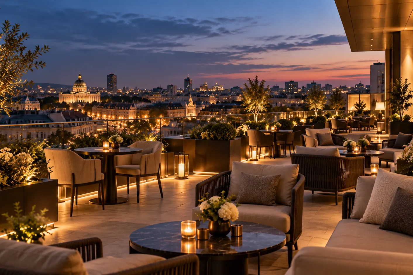Terasa de pe acoperiș seara, cu vedere spre oraș