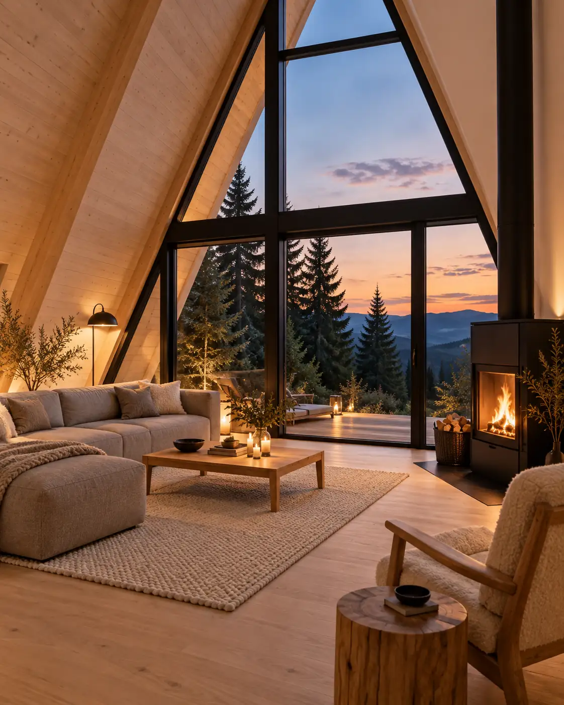 The cabin living room, with a sofa, a cast-iron stove and the glass wall facing the fir trees