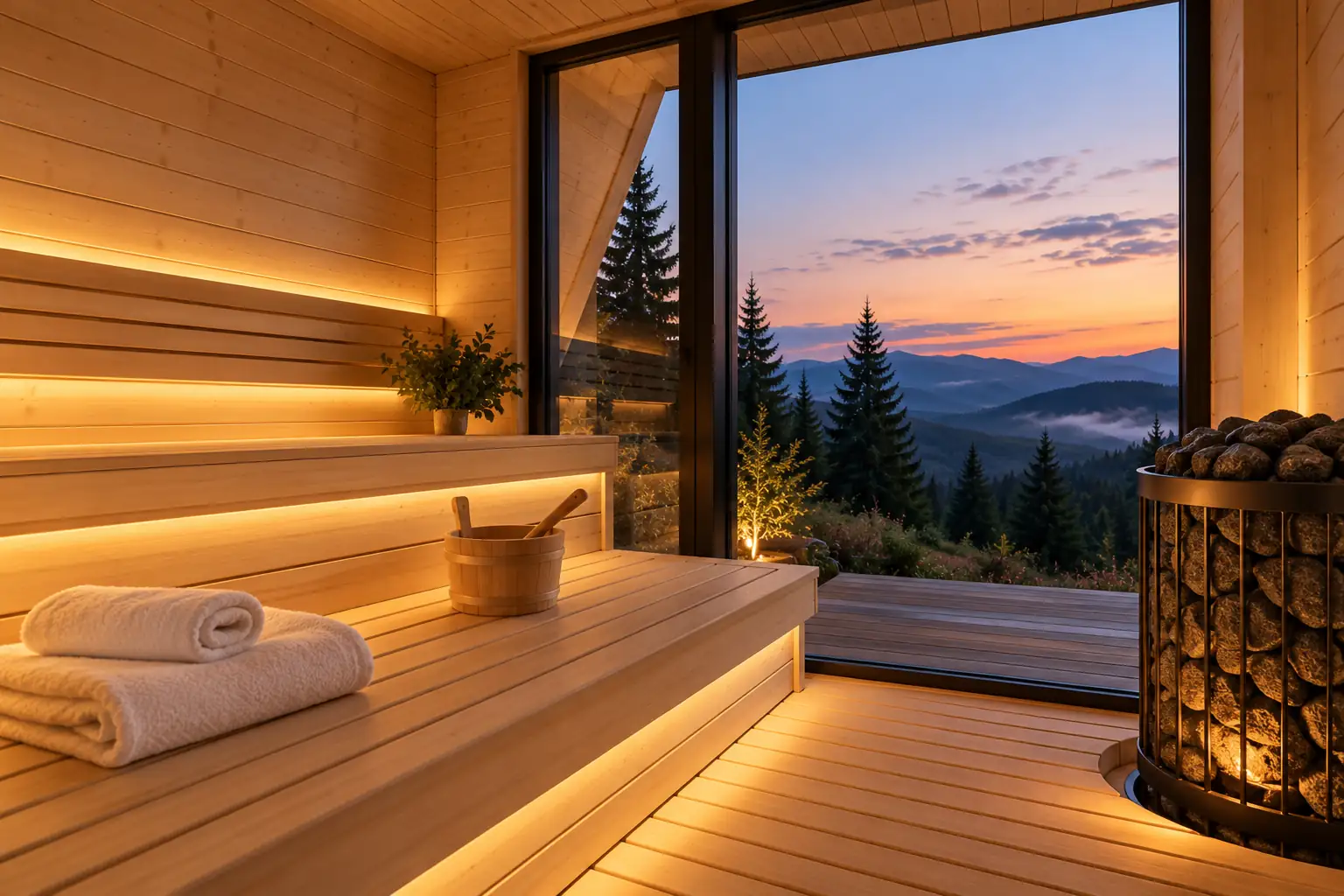 Sauna din lemn deschis, cu prosoape și fereastră spre pădure