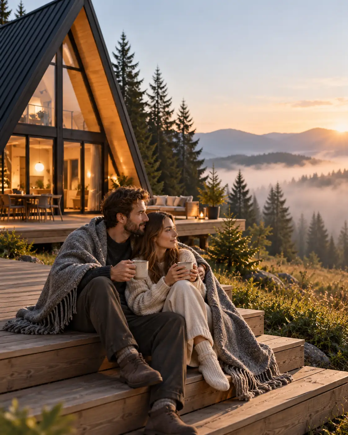 Two guests with blankets and mugs of tea on the deck steps, in the morning