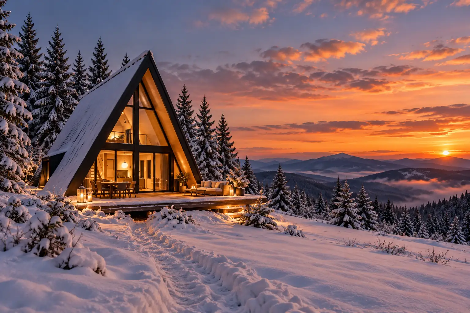 Cabana iarna, în zăpadă, la apus