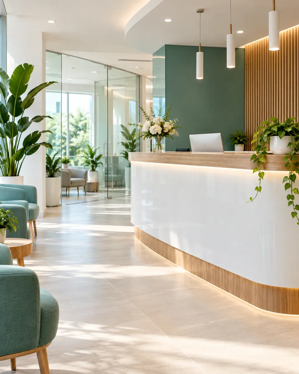 The clinic reception with plants and natural light