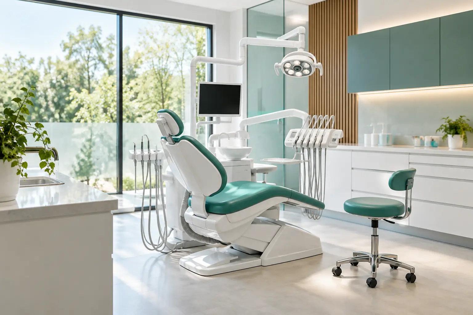 Modern treatment room with a window onto the garden