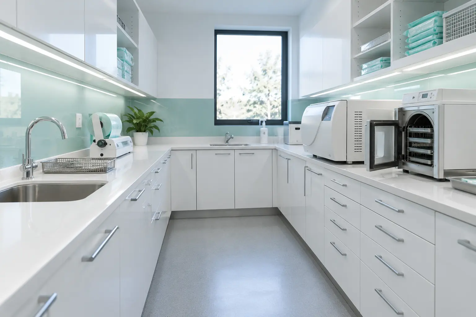 Sterilisation room with an autoclave and white worktops