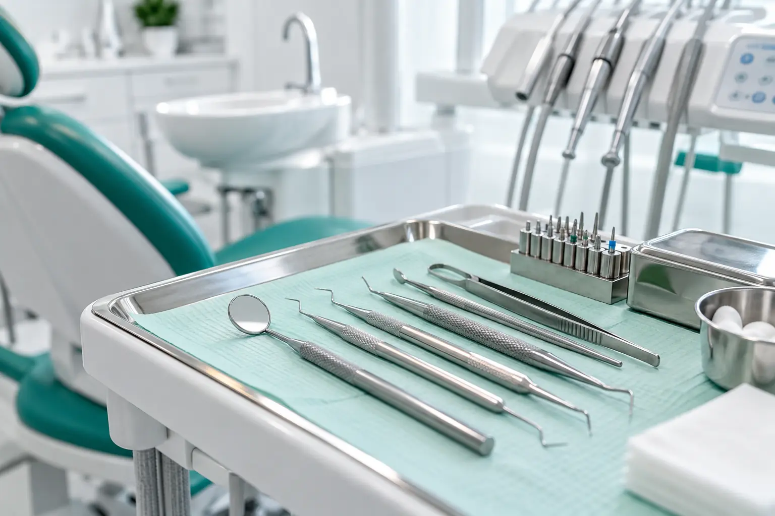 Dental instruments ready on a sterile tray