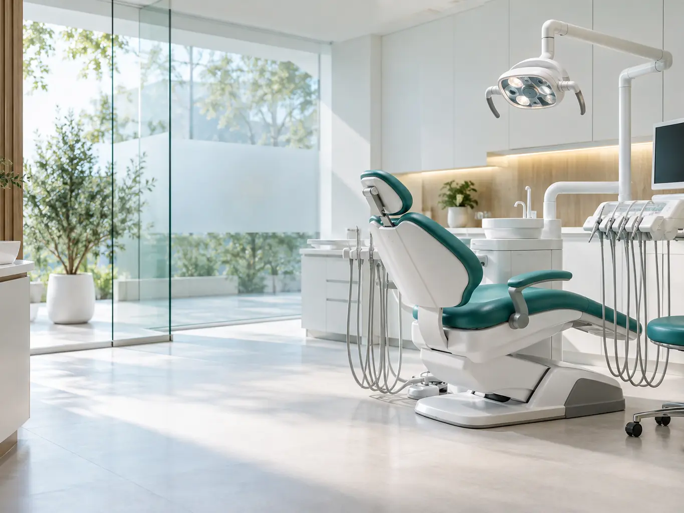 Bright treatment room with the dental chair and lamp