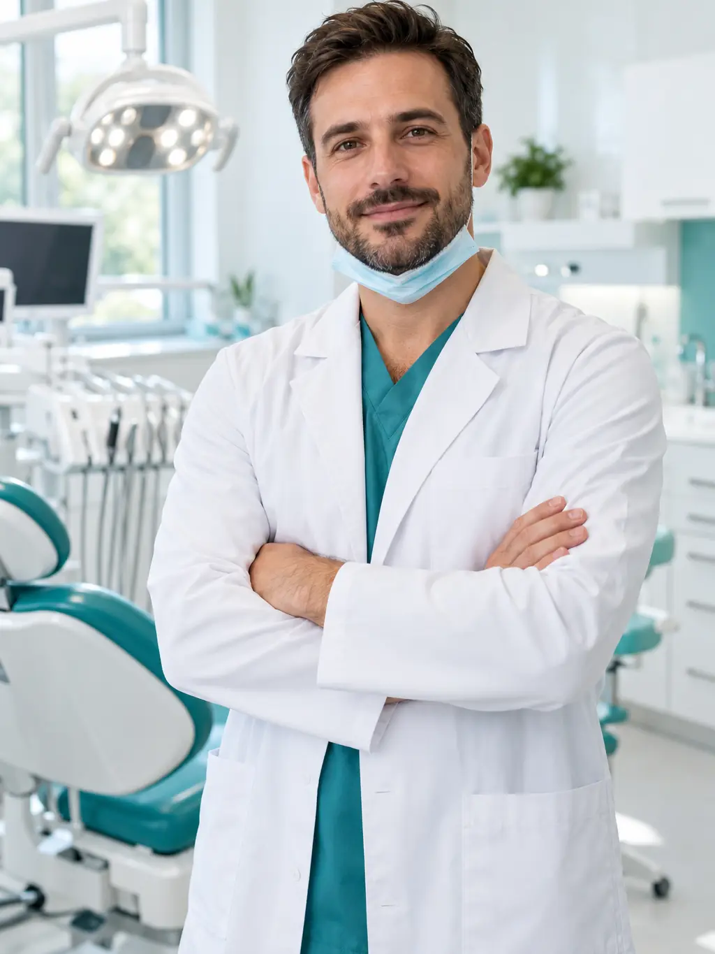 Dentist in a white coat in the surgery
