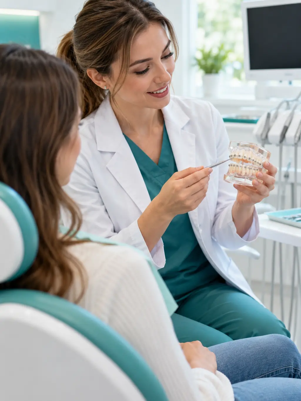 Orthodontist showing a patient a dental model