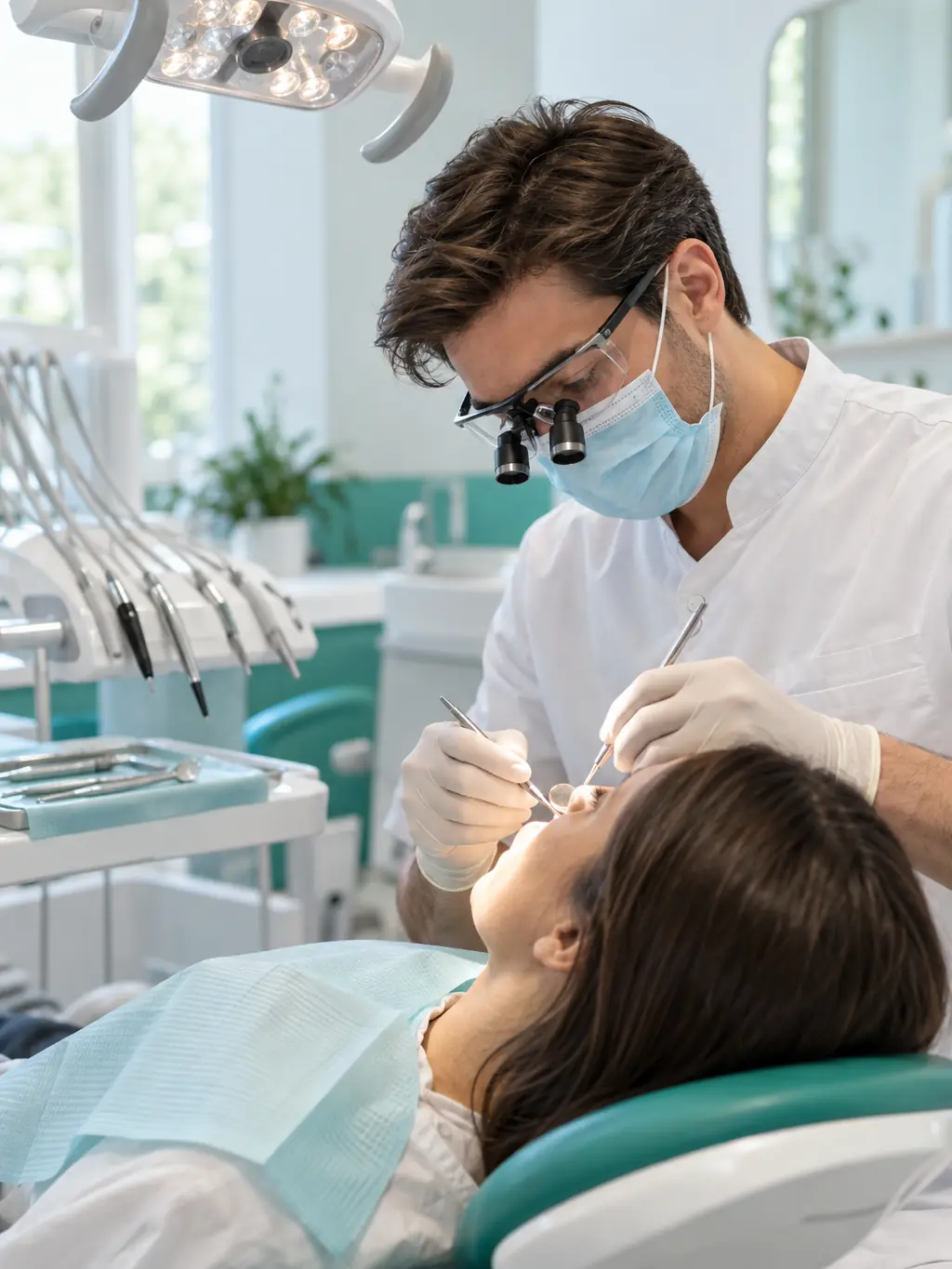 Dentist during a treatment, wearing loupes, under the lamp