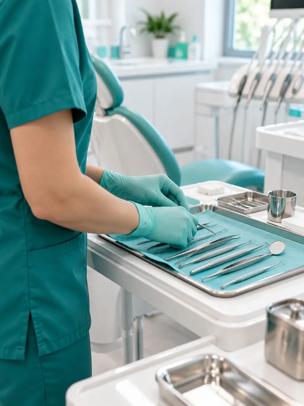 Dental nurse preparing instruments on a sterile tray