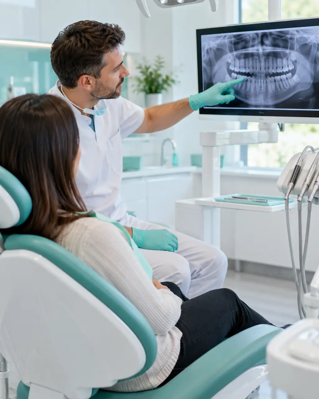 The dentist explaining an X-ray to a patient on the monitor