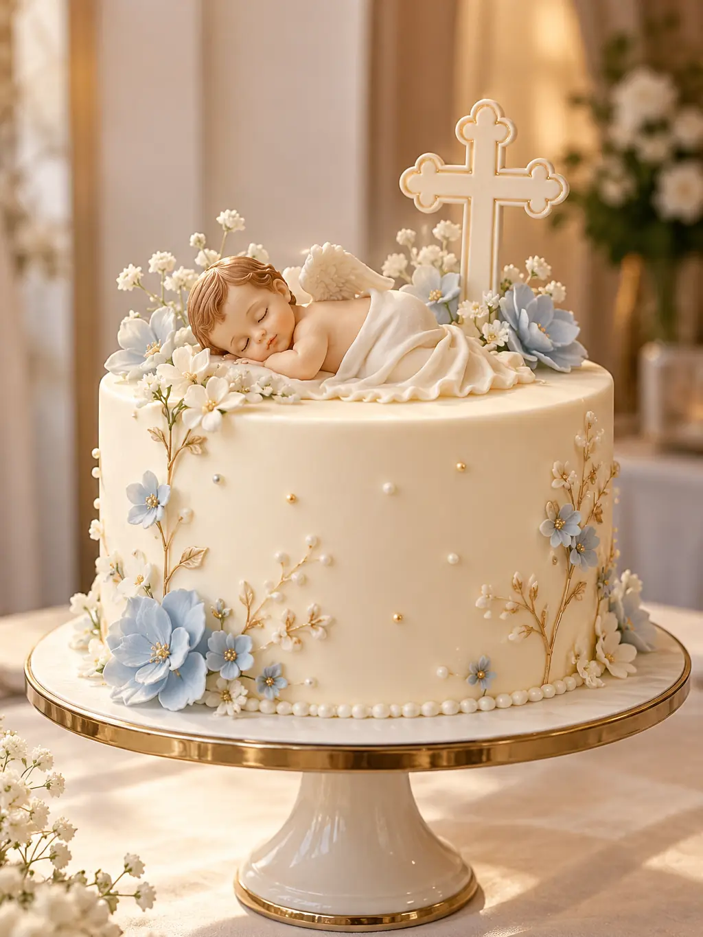 Tort de botez în nuanțe pastel, cu bebeluș din zahăr