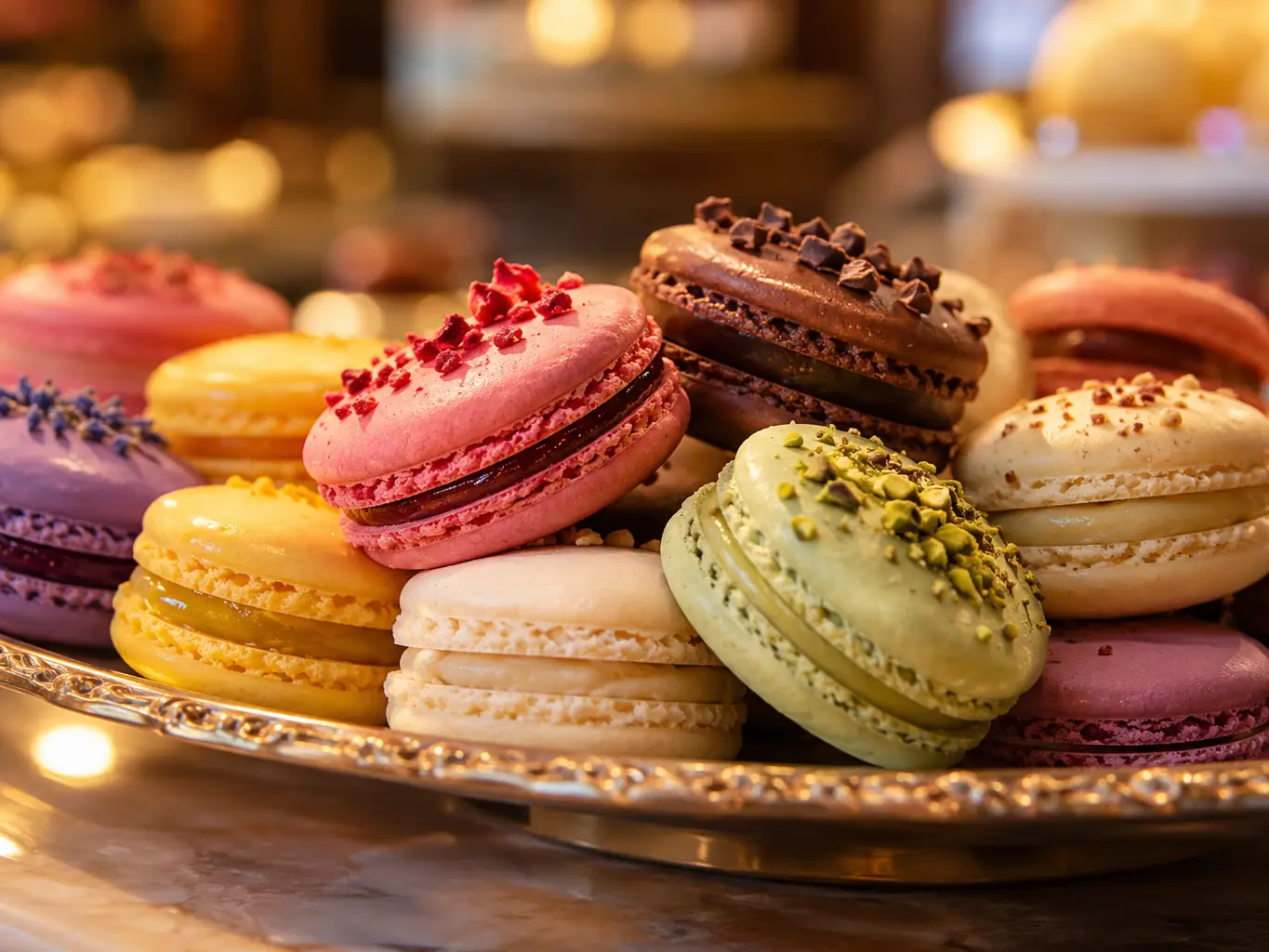 Macarons colorate pe un platou