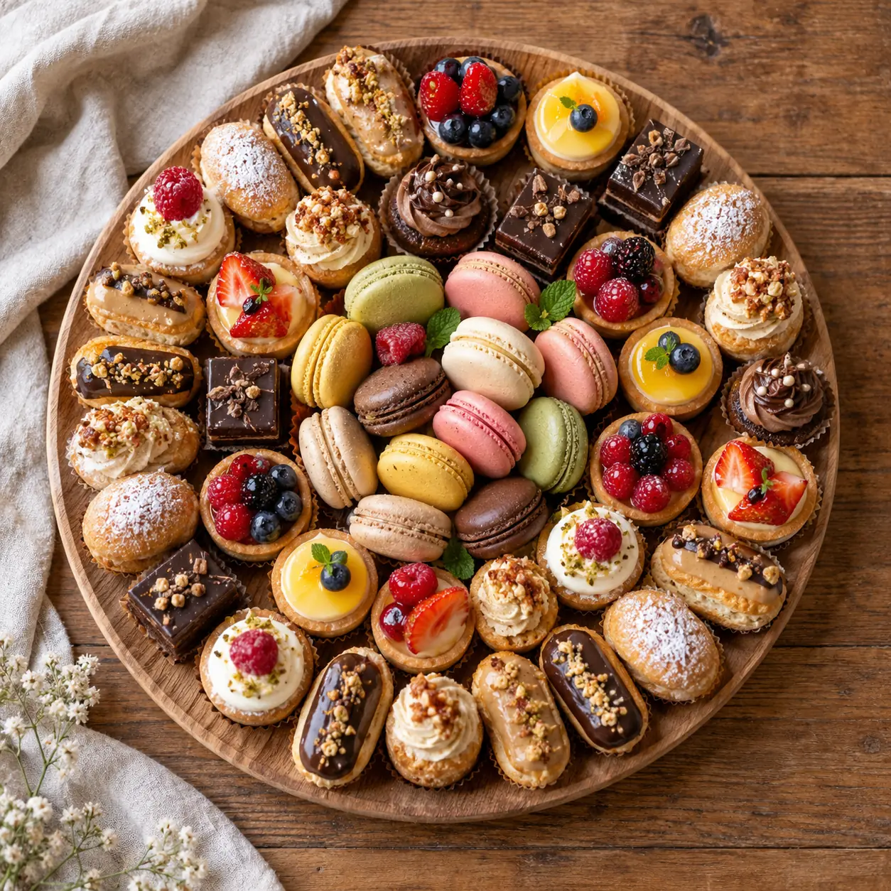 Platou candy bar cu prăjituri mici și macarons