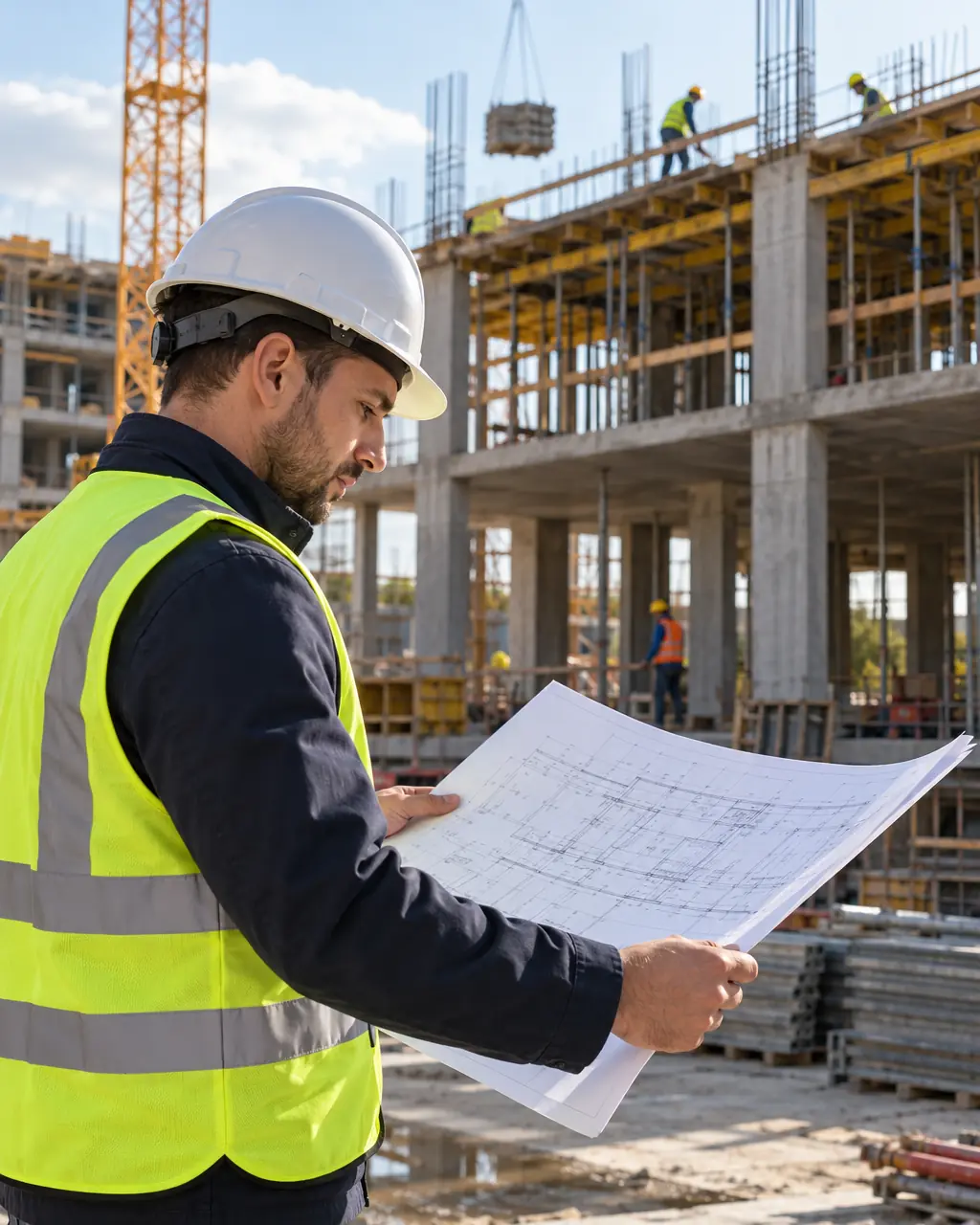 Engineer in a hard hat and hi-vis vest checking plans on site