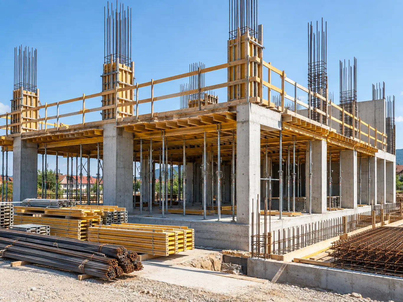 Concrete structure under construction with formwork and rebar