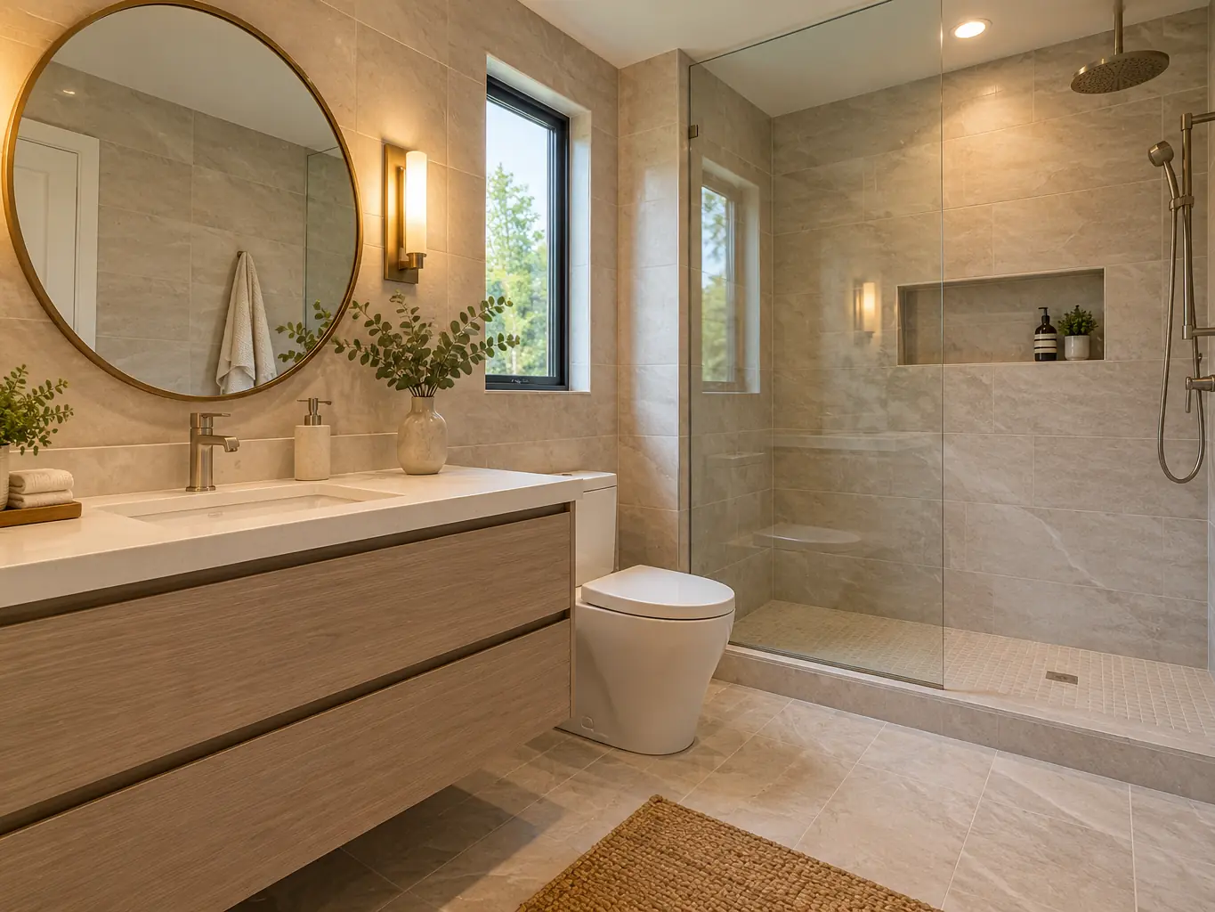 Renovated bathroom with a walk-in shower and a round mirror