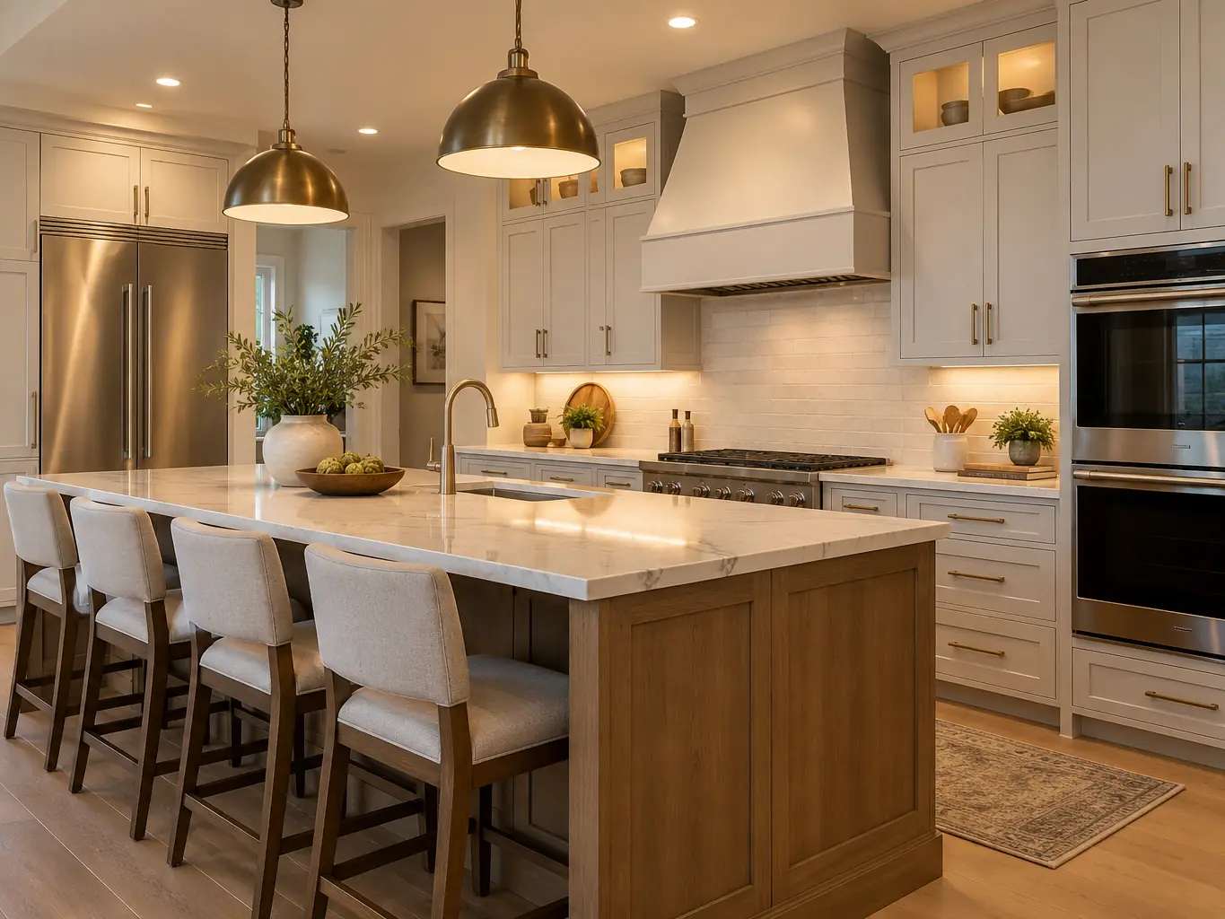 Renovated kitchen with an island and bar stools