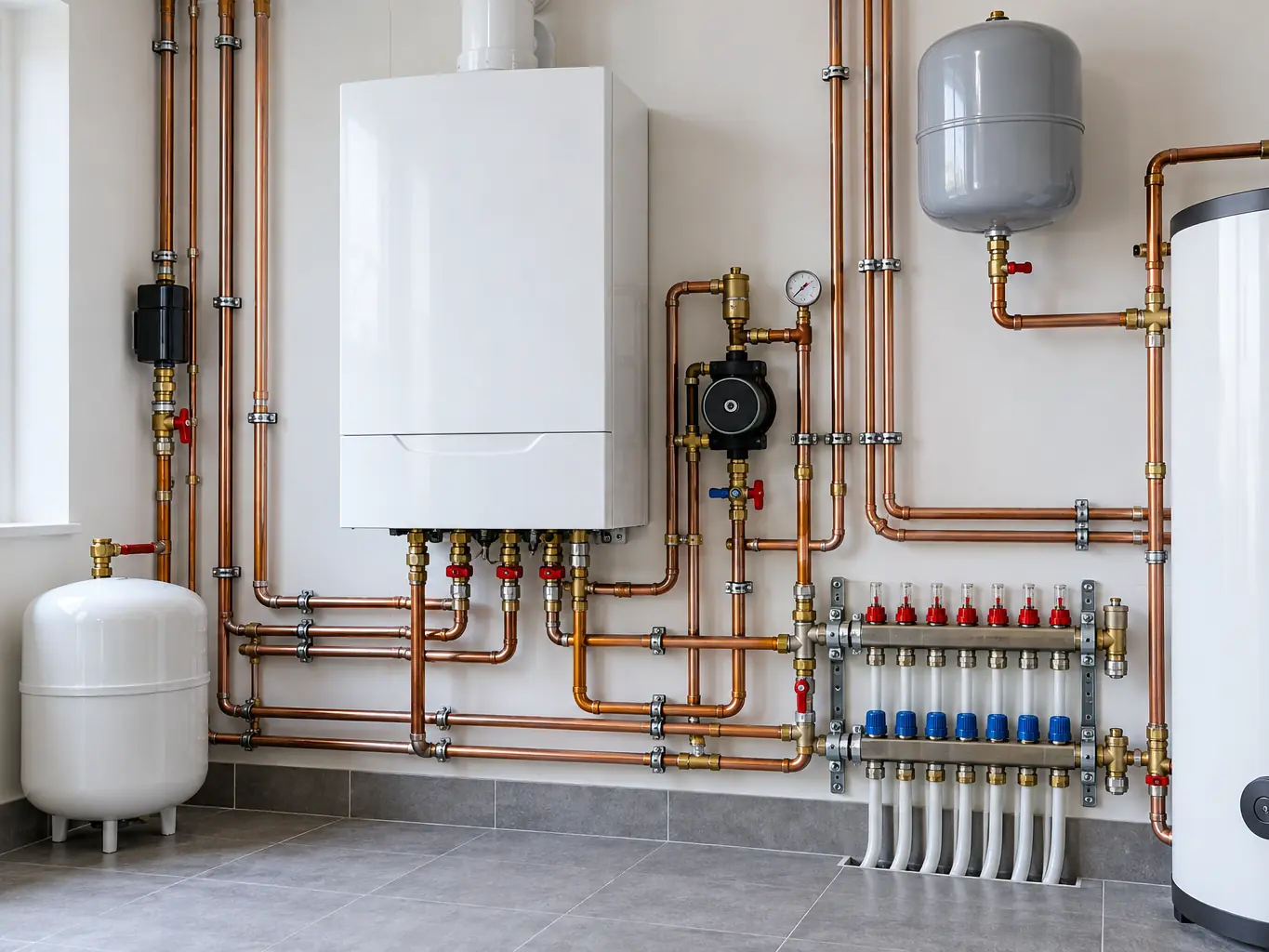 New boiler with copper pipes and a manifold