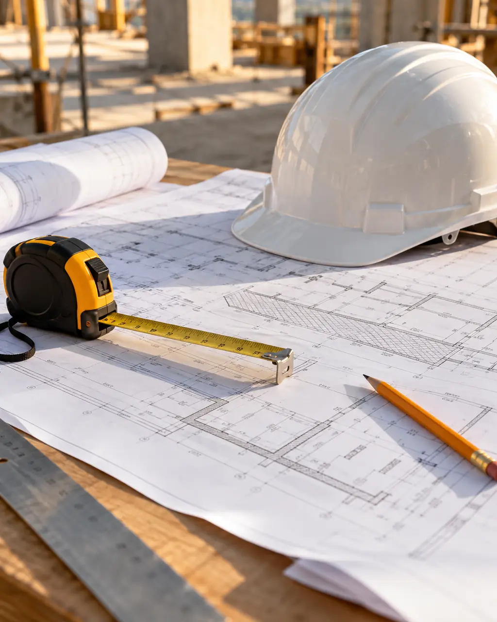 Technical drawings on a table with a tape measure, hard hat and pencil