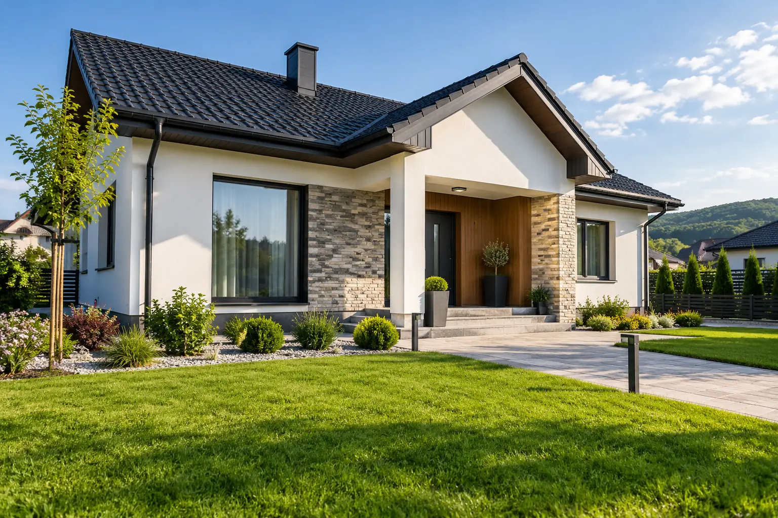 Newly finished house with a lawn and a path
